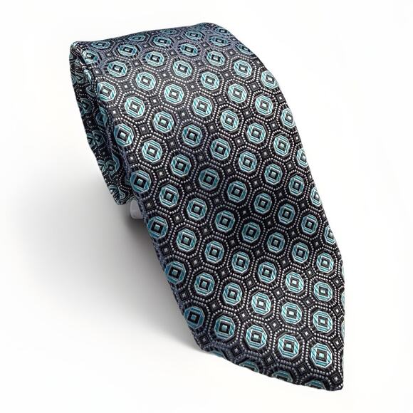 Croft & Barrow Teal Blue Geometric Pattern Tie 100% Polyester Handmade - Picture 2 of 9